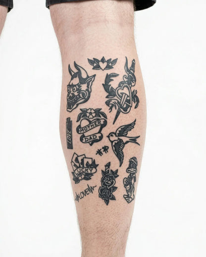 INKON Old School Flash Sheet semi-permanent tattoo applied on a man – 4 x 7 in (10x17cm) design, realistic ink look, lasts 10 days