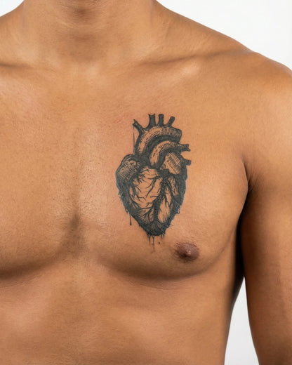 INKON Anatomical Heart semi-permanent tattoo applied on a man – 4 x 4 in (9x9cm) design, realistic ink look, lasts 10 days