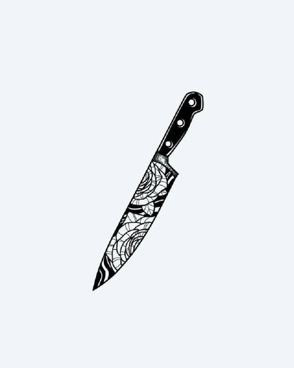 Rose Chef's Knife semi-permanent tattoo design by INKON – illustrative, blackwork, chef, knife, etched illustration, 3 x 4 in (6x11cm), available at inkon.co