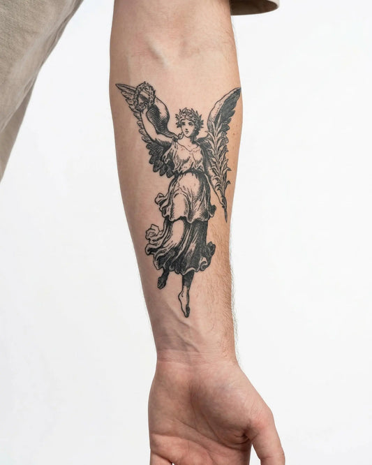 INKON Victory Angel semi-permanent tattoo applied on a man – 4 x 7 in (10x17cm) design, realistic ink look, lasts 10 days