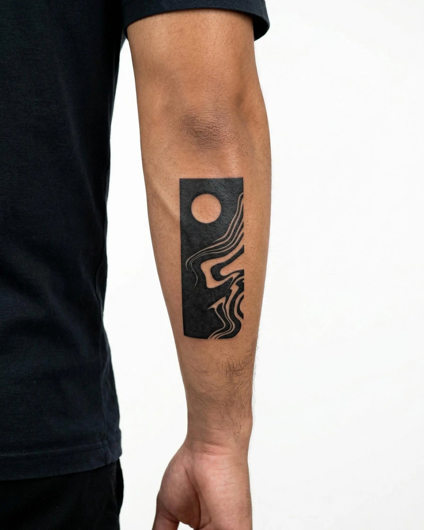 INKON Abstract Moon & Waves semi-permanent tattoo applied on a man – 3 x 4 in (6x11cm) design, realistic ink look, lasts 10 days