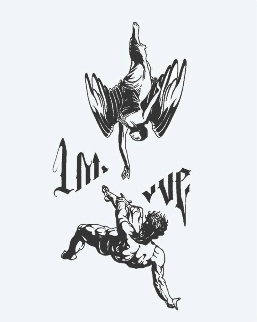 Fallen Angels & Lettering semi-permanent tattoo design by INKON – dramatic, scene, falling, angel, reaching illustration, 4 x 8 in (11x21cm), available at inkon.co