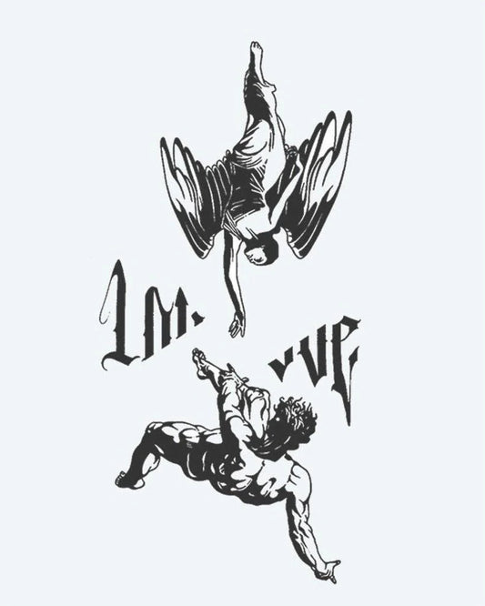 Fallen Angels & Lettering semi-permanent tattoo design by INKON – dramatic, scene, falling, angel, reaching illustration, 4 x 8 in (11x21cm), available at inkon.co