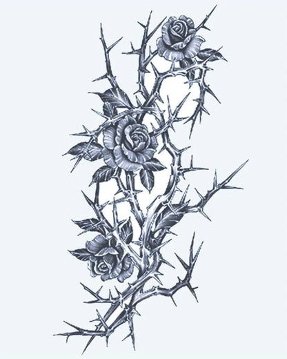 Roses & Thorns semi-permanent tattoo design by INKON – three, blooming, roses, thorny, branch illustration, 4 x 7 in (10x17cm), available at inkon.co