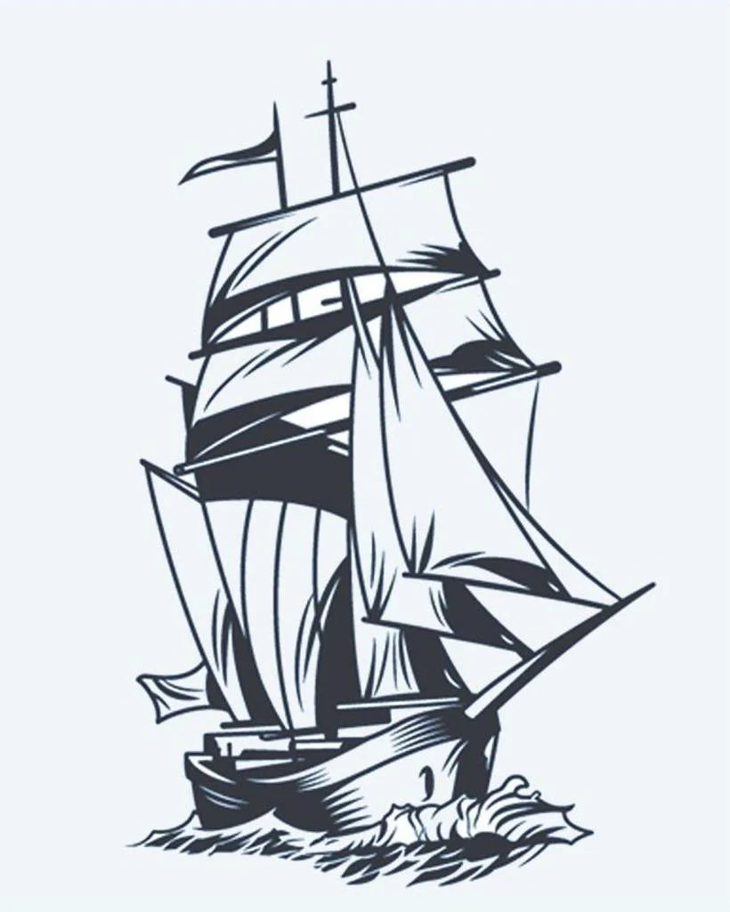 Sailing Ship semi-permanent tattoo design by INKON – tall, ship, full, sails, cutting illustration, 4 x 7 in (10x17cm), available at inkon.co