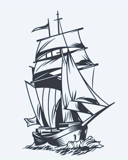 Sailing Ship semi-permanent tattoo design by INKON – tall, ship, full, sails, cutting illustration, 4 x 7 in (10x17cm), available at inkon.co