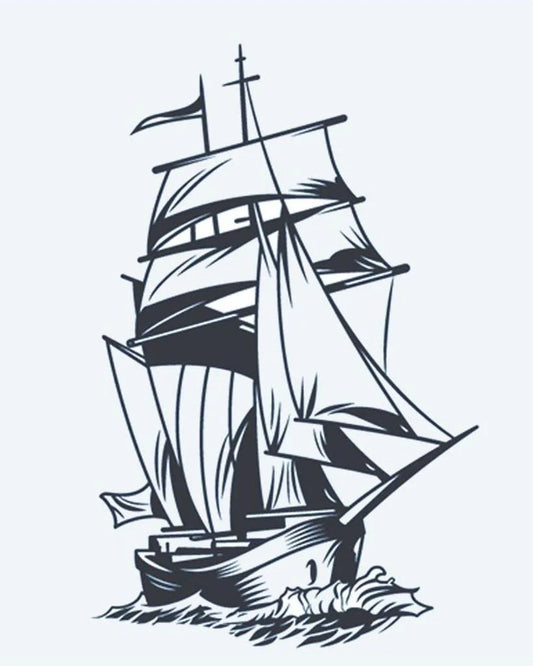 Sailing Ship semi-permanent tattoo design by INKON – tall, ship, full, sails, cutting illustration, 4 x 7 in (10x17cm), available at inkon.co