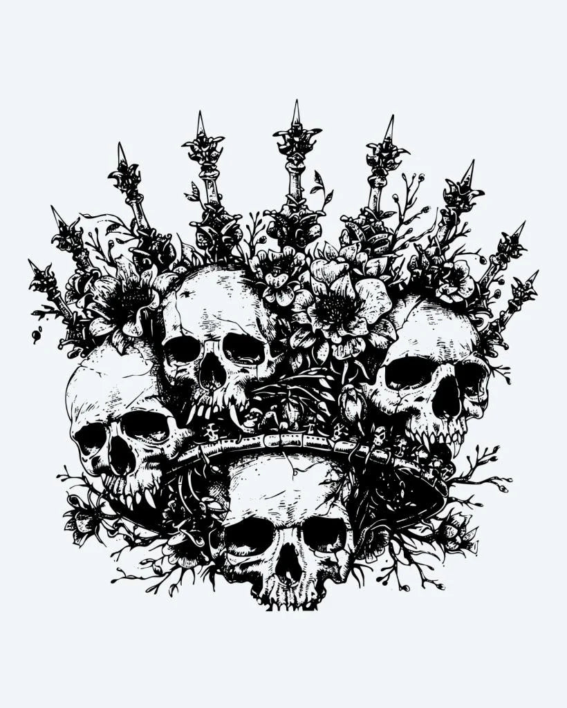 Skull Crown semi-permanent tattoo design by INKON – crown, multiple, human, skulls, adorned illustration, 4 x 4 in (9x9cm), available at inkon.co