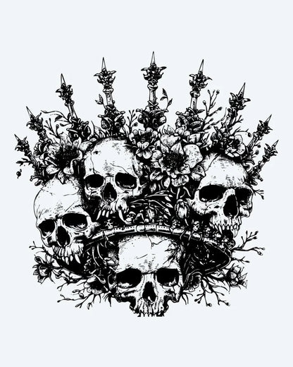Skull Crown semi-permanent tattoo design by INKON – crown, multiple, human, skulls, adorned illustration, 4 x 4 in (9x9cm), available at inkon.co