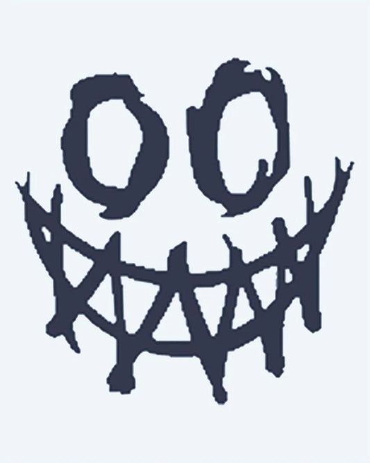 Creepy Smile semi-permanent tattoo design by INKON – unsettling, grunge, smiley, face, hollow illustration, 2 x 2 in (5x5cm), available at inkon.co
