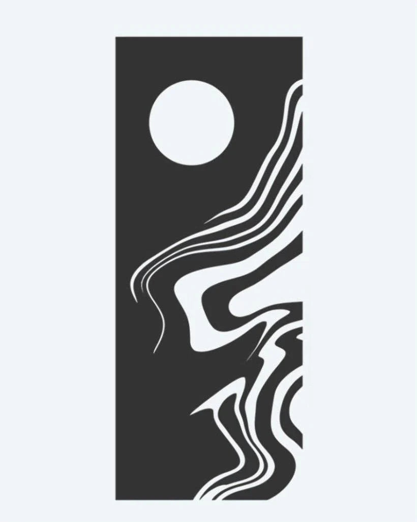 Abstract Moon & Waves semi-permanent tattoo design by INKON – artistic, full, moon, over, flowing illustration, 3 x 4 in (6x11cm), available at inkon.co