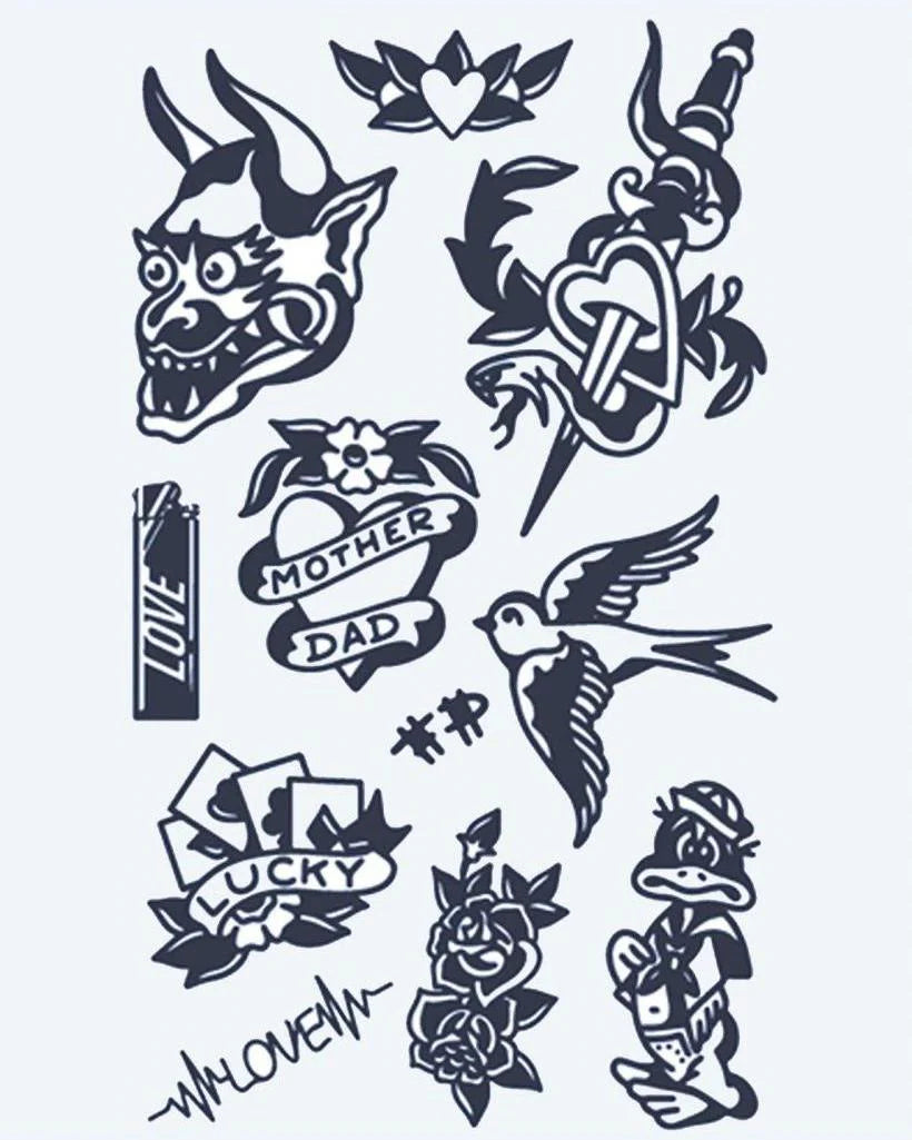 Old School Flash Sheet semi-permanent tattoo design by INKON – american, flash, sheet, mask, swallow illustration, 4 x 7 in (10x17cm), available at inkon.co