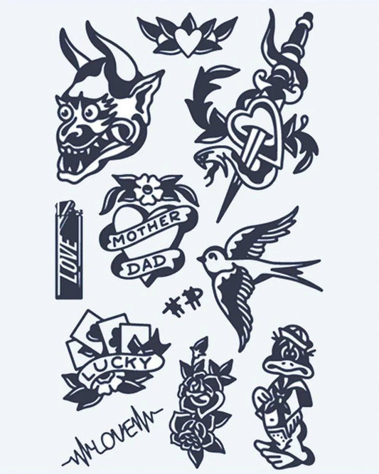 Old School Flash Sheet semi-permanent tattoo design by INKON – american, flash, sheet, mask, swallow illustration, 4 x 7 in (10x17cm), available at inkon.co