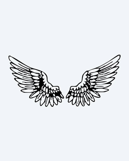 Angel Wings Pair semi-permanent tattoo design by INKON – open, angel, wings, illustrative, feathers illustration, 4 x 8 in (11x21cm), available at inkon.co