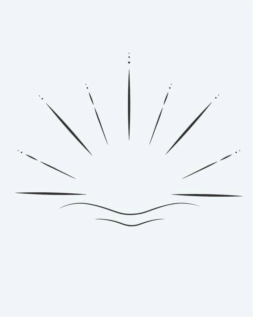Sunrise Horizon semi-permanent tattoo design by INKON – minimalist, sunrise, radiating, rays, wavy illustration, 2 x 2 in (5x5cm), available at inkon.co