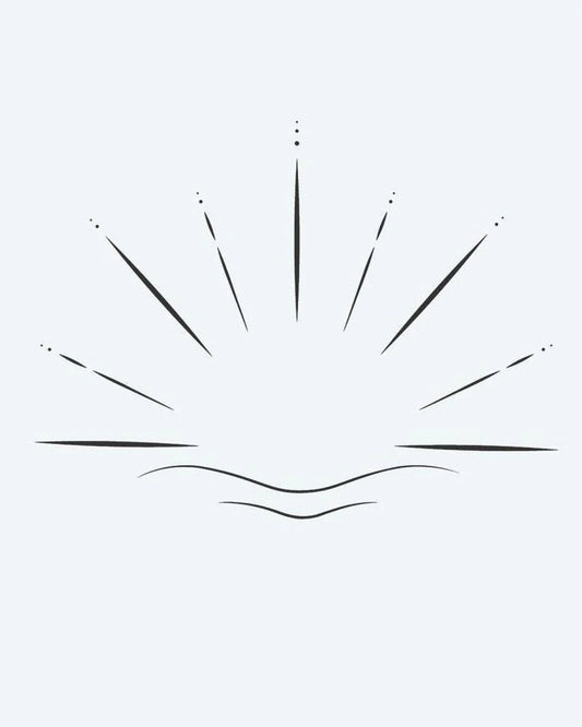 Sunrise Horizon semi-permanent tattoo design by INKON – minimalist, sunrise, radiating, rays, wavy illustration, 2 x 2 in (5x5cm), available at inkon.co