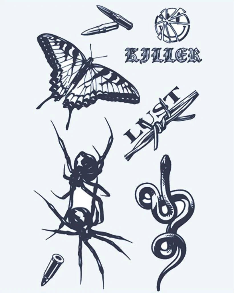 Dark Flash Sheet semi-permanent tattoo design by INKON – flash, butterfly, spider, snake, bullets illustration, 4 x 7 in (10x17cm), available at inkon.co