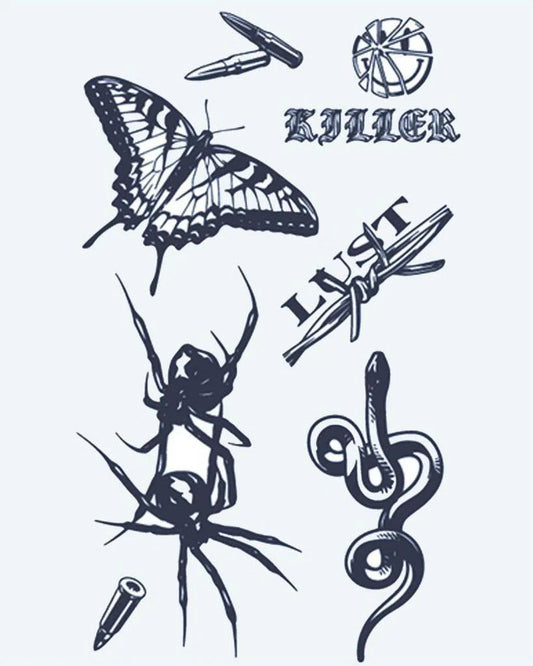 Dark Flash Sheet semi-permanent tattoo design by INKON – flash, butterfly, spider, snake, bullets illustration, 4 x 7 in (10x17cm), available at inkon.co