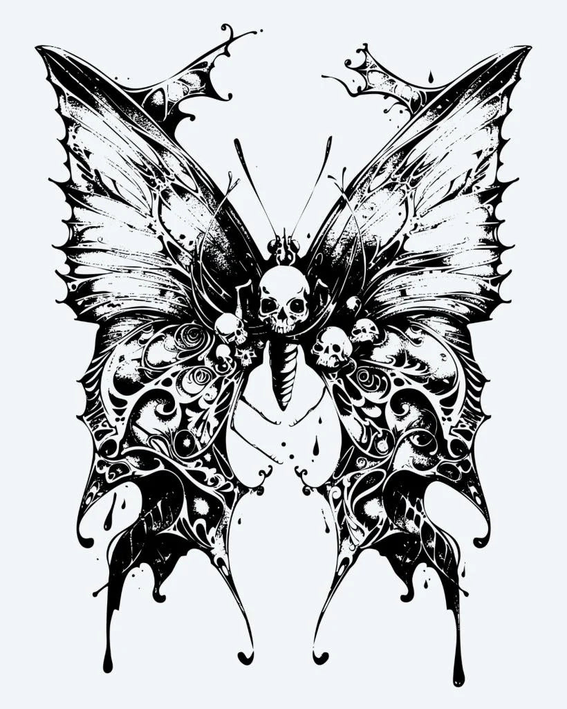 Skull Butterfly semi-permanent tattoo design by INKON – gothic, butterfly, ornate, wings, embedded illustration, 4 x 7 in (10x17cm), available at inkon.co