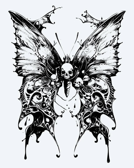 Skull Butterfly semi-permanent tattoo design by INKON – gothic, butterfly, ornate, wings, embedded illustration, 4 x 7 in (10x17cm), available at inkon.co