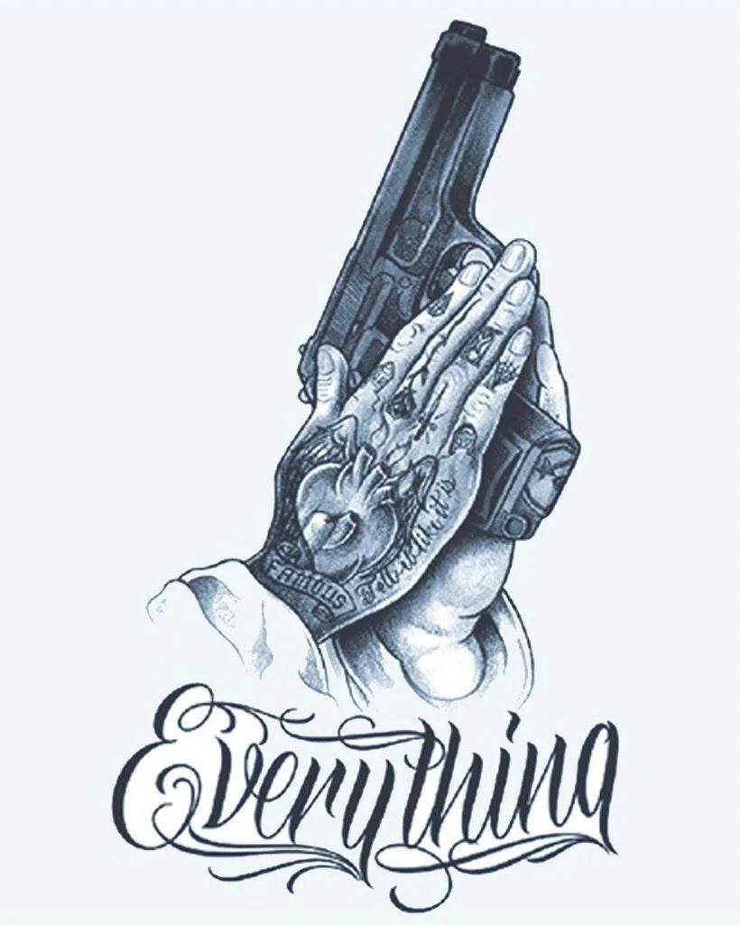 Praying Hands & Pistol semi-permanent tattoo design by INKON – tattooed, praying, hands, holding, pistol illustration, 4 x 7 in (10x17cm), available at inkon.co