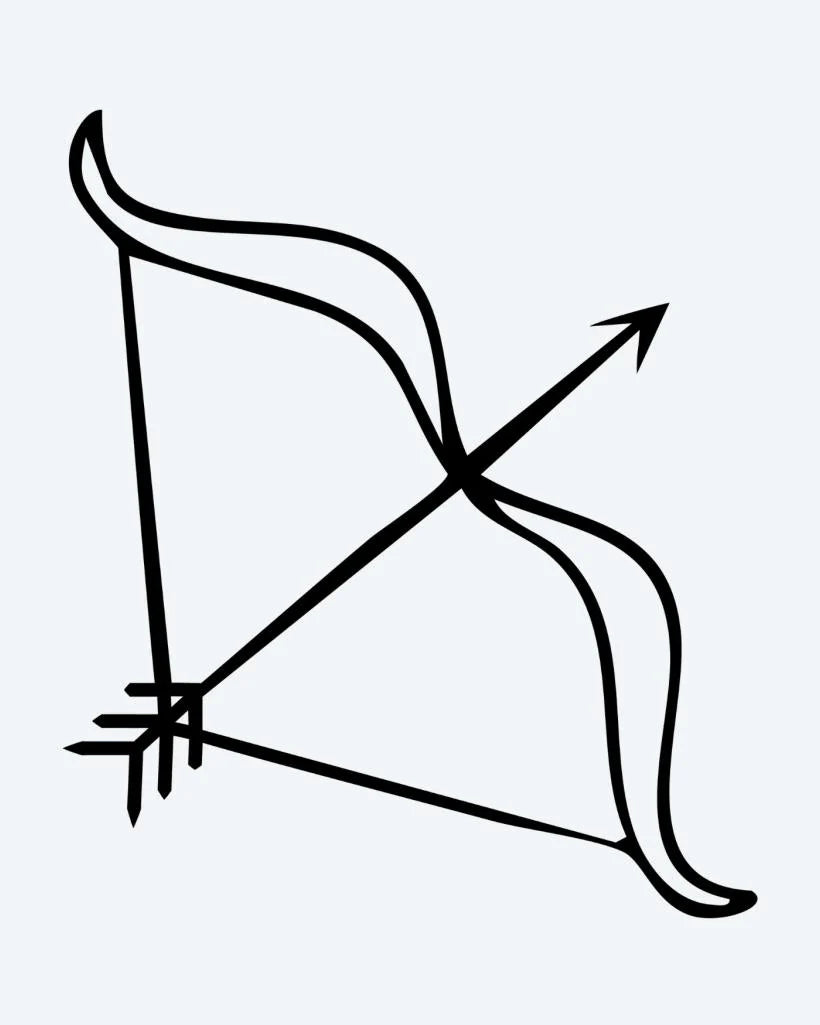 Bow & Arrow semi-permanent tattoo design by INKON – drawn, arrow, line, ribs, symbol illustration, 2 x 2 in (5x5cm), available at inkon.co