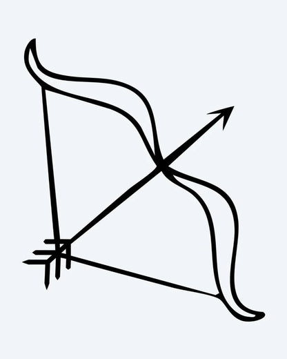 Bow & Arrow semi-permanent tattoo design by INKON – drawn, arrow, line, ribs, symbol illustration, 2 x 2 in (5x5cm), available at inkon.co