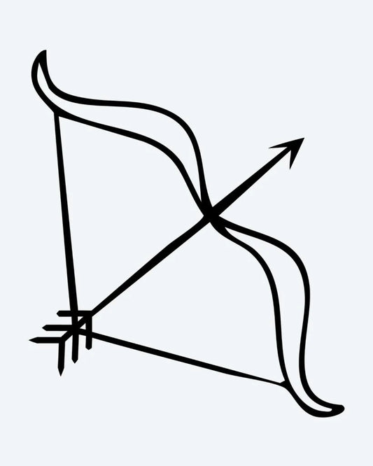 Bow & Arrow semi-permanent tattoo design by INKON – drawn, arrow, line, ribs, symbol illustration, 2 x 2 in (5x5cm), available at inkon.co