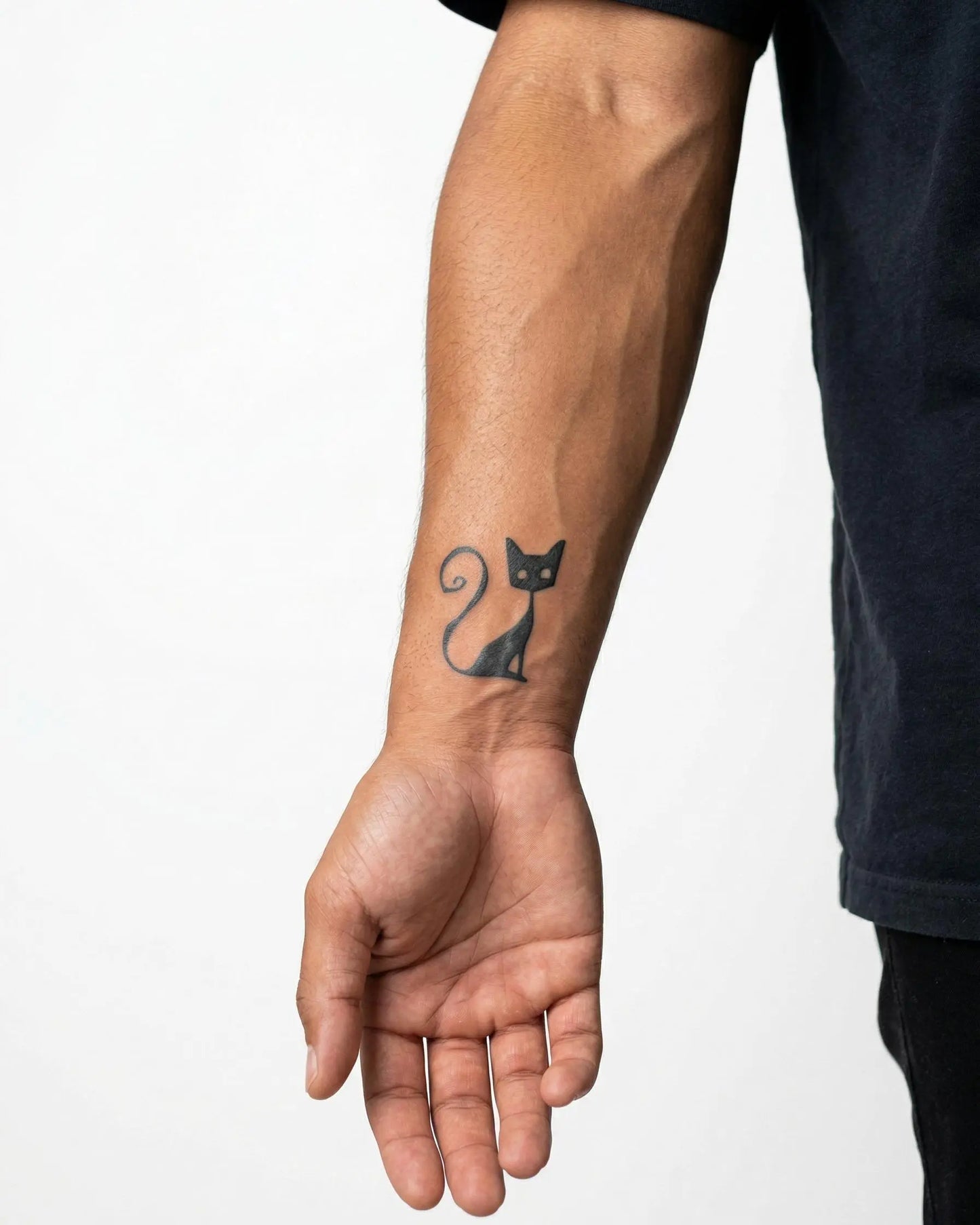 INKON Sitting Cat Silhouette semi-permanent tattoo applied on a man – 2 x 2 in (5x5cm) design, realistic ink look, lasts 10 days