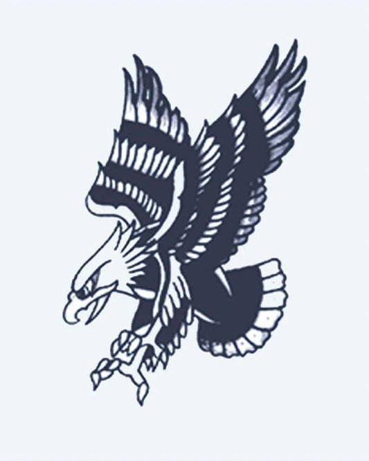 Swooping Eagle semi-permanent tattoo design by INKON – american, eagle, dive, outstretched, talons illustration, 2 x 2 in (5x5cm), available at inkon.co