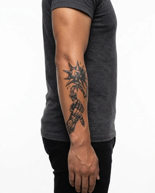 INKON Armored Fist & Mace semi-permanent tattoo applied on a man – 4 x 7 in (10x17cm) design, realistic ink look, lasts 10 days