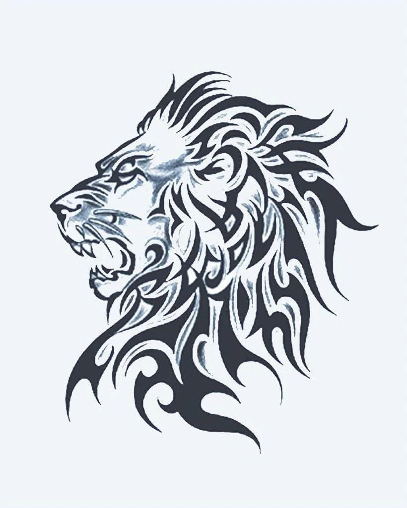 Tribal Lion Profile semi-permanent tattoo design by INKON – roaring, lion, head, flowing, tribal illustration, 4 x 7 in (10x17cm), available at inkon.co