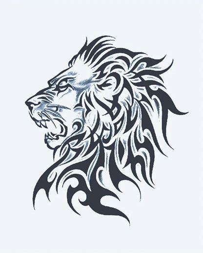 Tribal Lion Profile semi-permanent tattoo design by INKON – roaring, lion, head, flowing, tribal illustration, 4 x 7 in (10x17cm), available at inkon.co