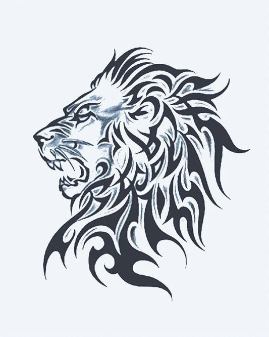 Tribal Lion Profile semi-permanent tattoo design by INKON – roaring, lion, head, flowing, tribal illustration, 4 x 7 in (10x17cm), available at inkon.co