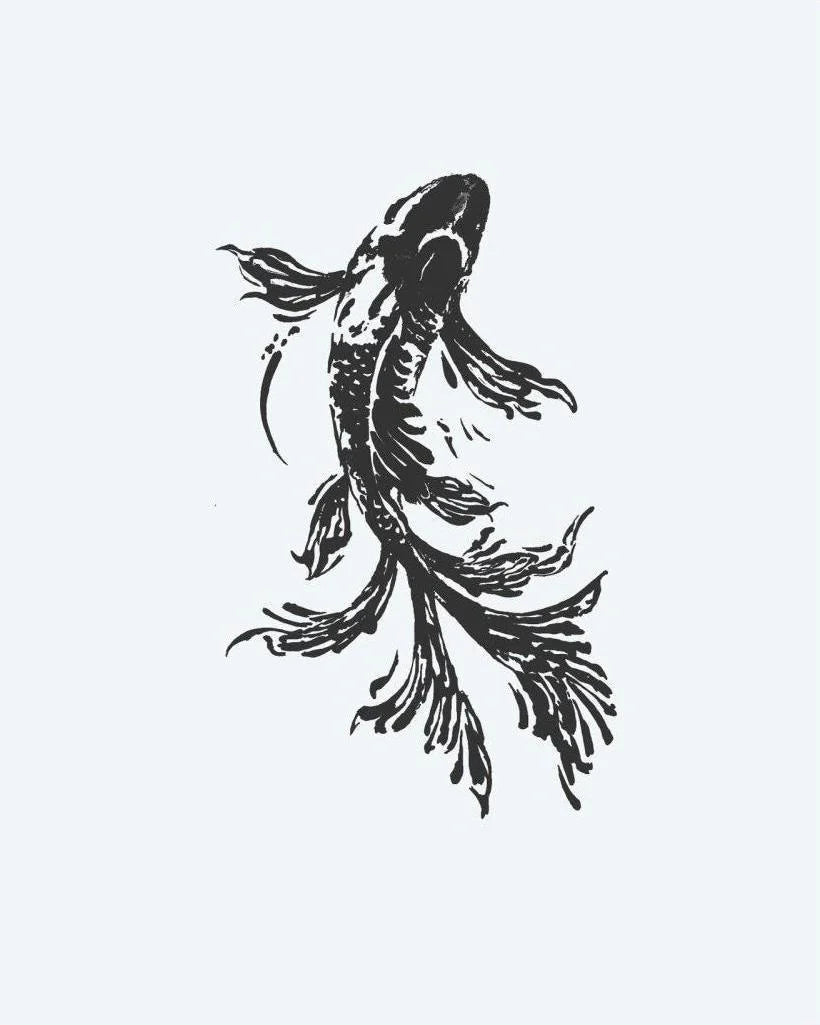 Koi Fish Ink Brush semi-permanent tattoo design by INKON – fish, flowing, fins, rendered, expressive illustration, 4 x 4 in (9x9cm), available at inkon.co