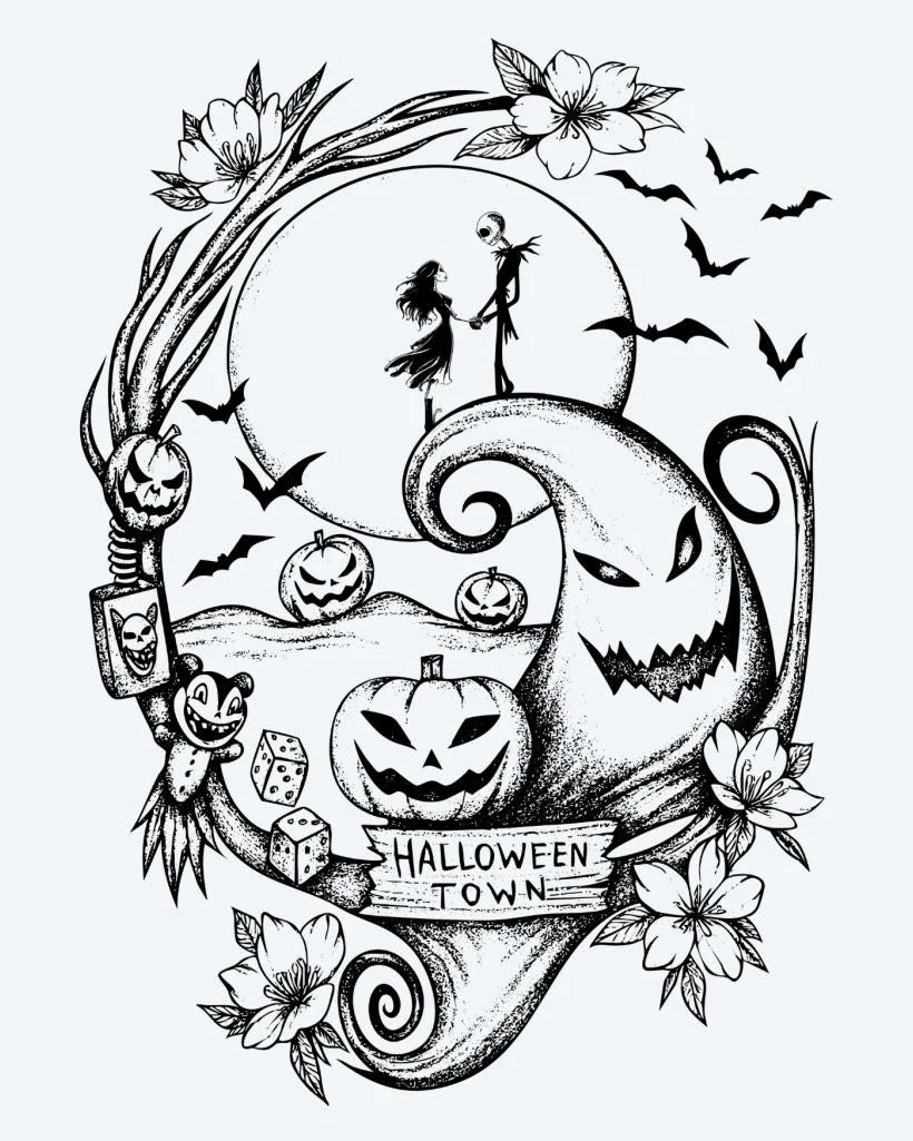 Halloween Town semi-permanent tattoo design by INKON – whimsical, halloween, scene, jack, lanterns illustration, 4 x 7 in (10x17cm), available at inkon.co