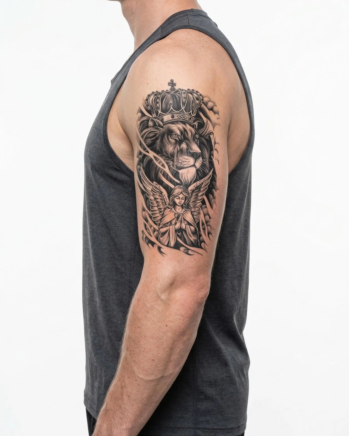 INKON Crowned Lion & Angel semi-permanent tattoo applied on a man – 4 x 7 in (10x17cm) design, realistic ink look, lasts 10 days