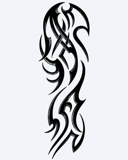 Flowing Tribal Sleeve semi-permanent tattoo design by INKON – dynamic, tribal, flowing, curves, pointed illustration, 8 x 20 in (20x50cm), available at inkon.co
