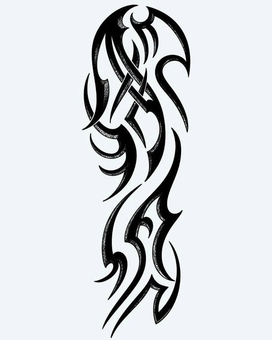 Flowing Tribal Sleeve semi-permanent tattoo design by INKON – dynamic, tribal, flowing, curves, pointed illustration, 8 x 20 in (20x50cm), available at inkon.co