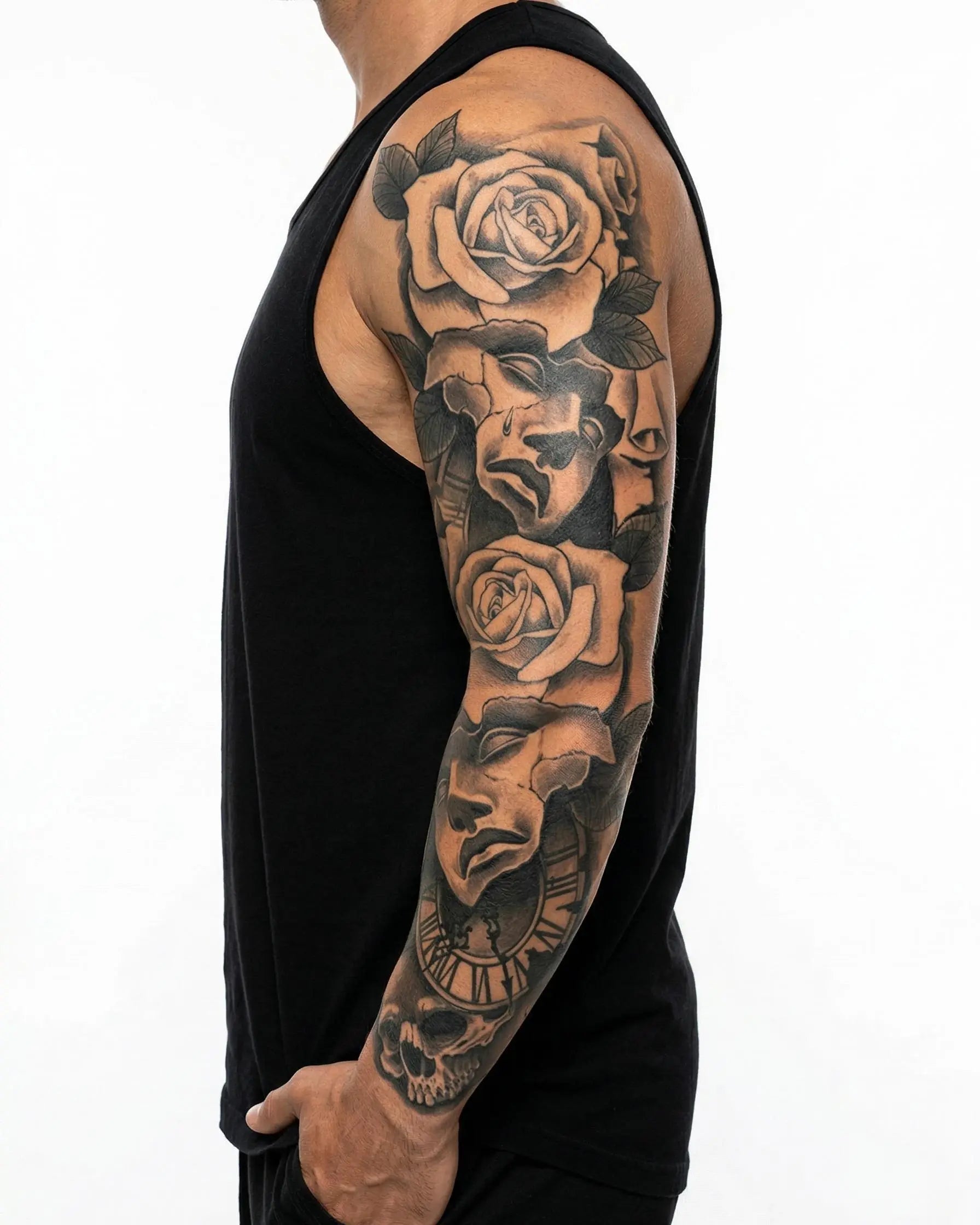 INKON Theater Masks, Roses & Skull semi-permanent tattoo applied on a man – 8 x 20 in (20x50cm) design, realistic ink look, lasts 10 days