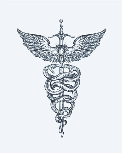 Caduceus Serpents & Sword semi-permanent tattoo design by INKON – elaborate, serpents, entwined, winged, sword illustration, 3 x 4 in (7x10cm), available at inkon.co