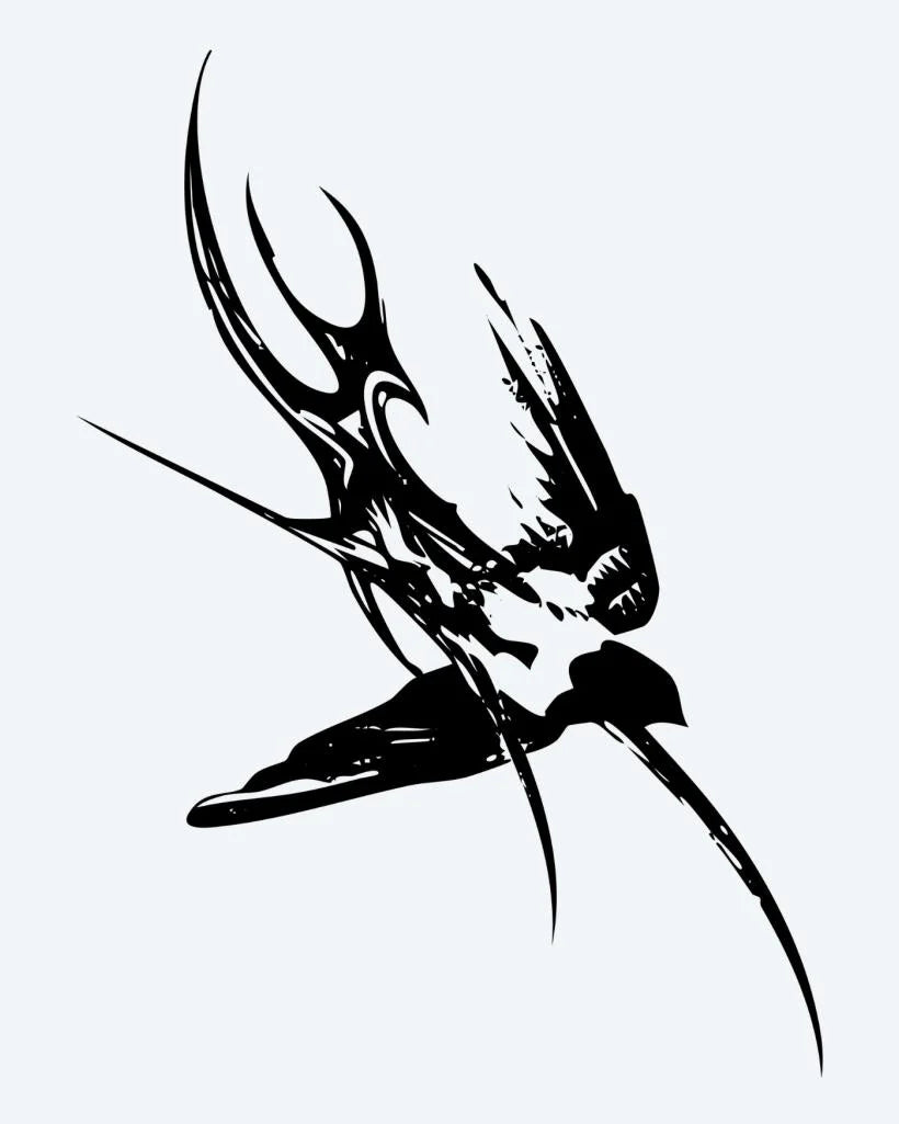 Tribal Swallow semi-permanent tattoo design by INKON – dynamic, swooping, swallow, bird, tribal illustration, 3 x 4 in (7x10cm), available at inkon.co