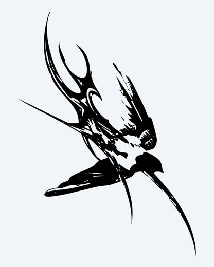 Tribal Swallow semi-permanent tattoo design by INKON – dynamic, swooping, swallow, bird, tribal illustration, 3 x 4 in (7x10cm), available at inkon.co