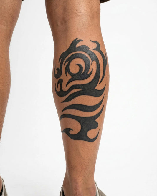 INKON Tribal Dragon Head semi-permanent tattoo applied on a man – 4 x 7 in (10x17cm) design, realistic ink look, lasts 10 days