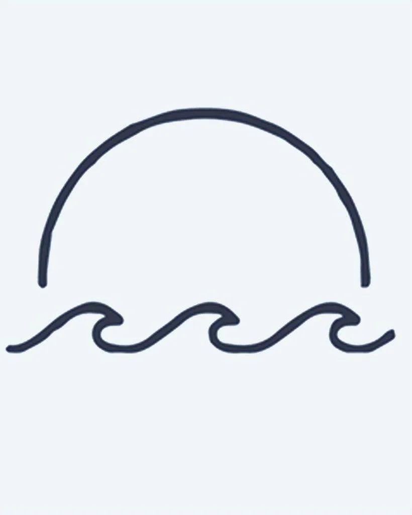 Sunset & Waves semi-permanent tattoo design by INKON – minimalist, half, setting, over, ocean illustration, 2 x 2 in (5x5cm), available at inkon.co