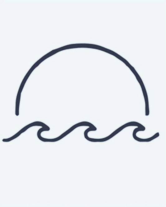 Sunset & Waves semi-permanent tattoo design by INKON – minimalist, half, setting, over, ocean illustration, 2 x 2 in (5x5cm), available at inkon.co