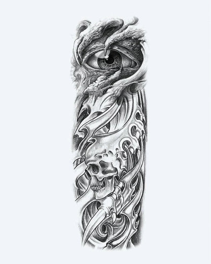 Dragon Eye & Skull semi-permanent tattoo design by INKON – dramatic, full, sleeve, piercing, dragon illustration, 8 x 20 in (20x50cm), available at inkon.co