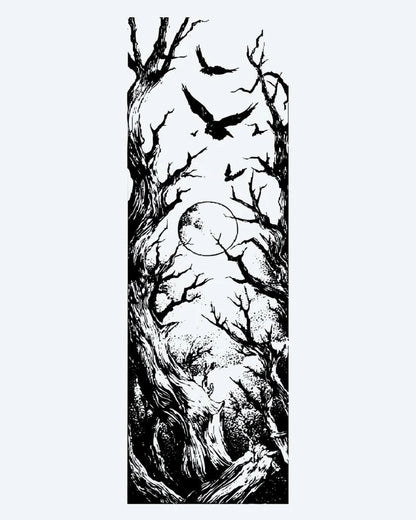 Dark Forest & Ravens semi-permanent tattoo design by INKON – atmospheric, gnarled, bare, trees, ravens illustration, 8 x 20 in (20x50cm), available at inkon.co