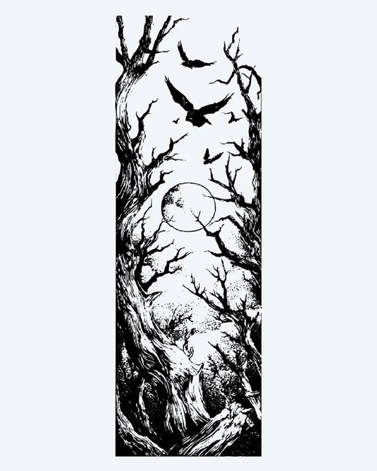 Dark Forest & Ravens semi-permanent tattoo design by INKON – atmospheric, gnarled, bare, trees, ravens illustration, 8 x 20 in (20x50cm), available at inkon.co