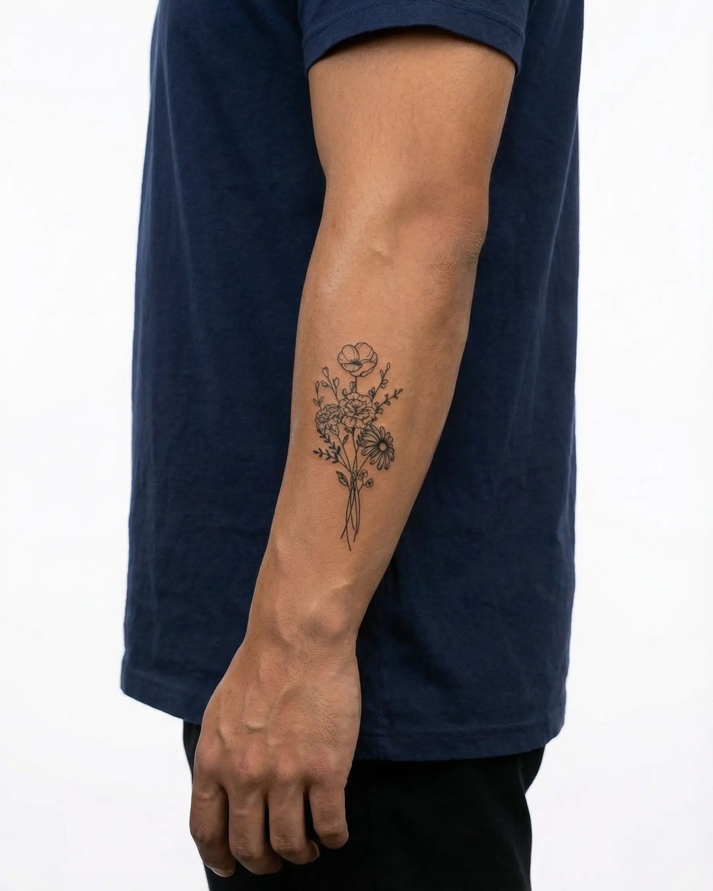 INKON Wildflower Bouquet semi-permanent tattoo applied on a man – 3 x 4 in (6x11cm) design, realistic ink look, lasts 10 days